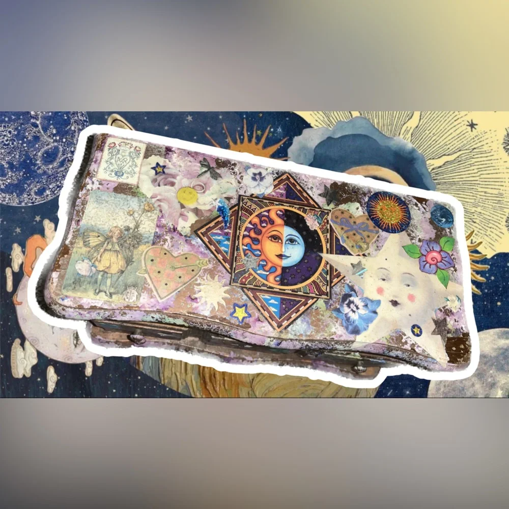 Vintage OOAK Handmade Decoupaged Y2K Moon & Sun Fairy Art on Wooden Jewelry Box